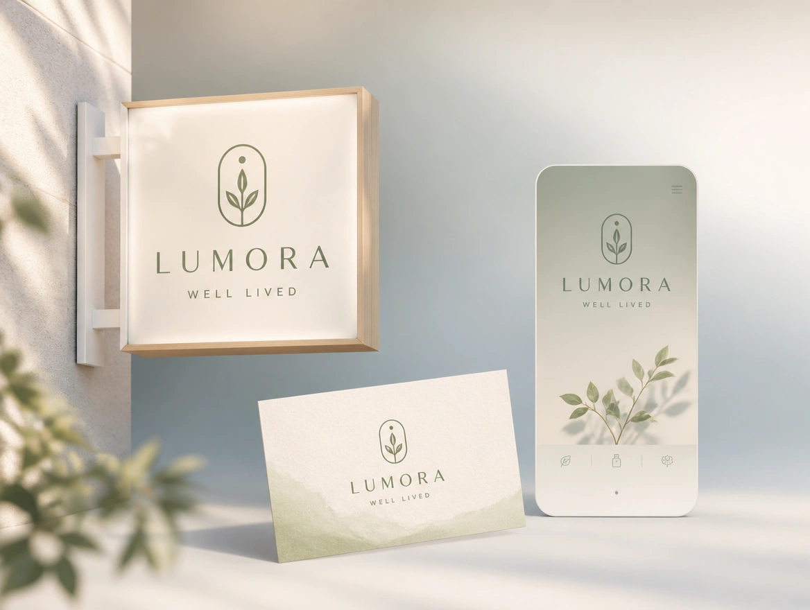 A logo presentation board showing one logo on a shop sign, a name card and a phone screen
