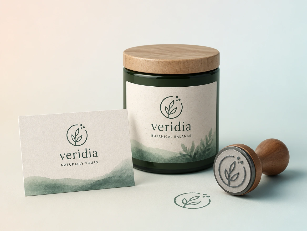 A name card, a product label and a rubber stamp carrying one logo laid out together