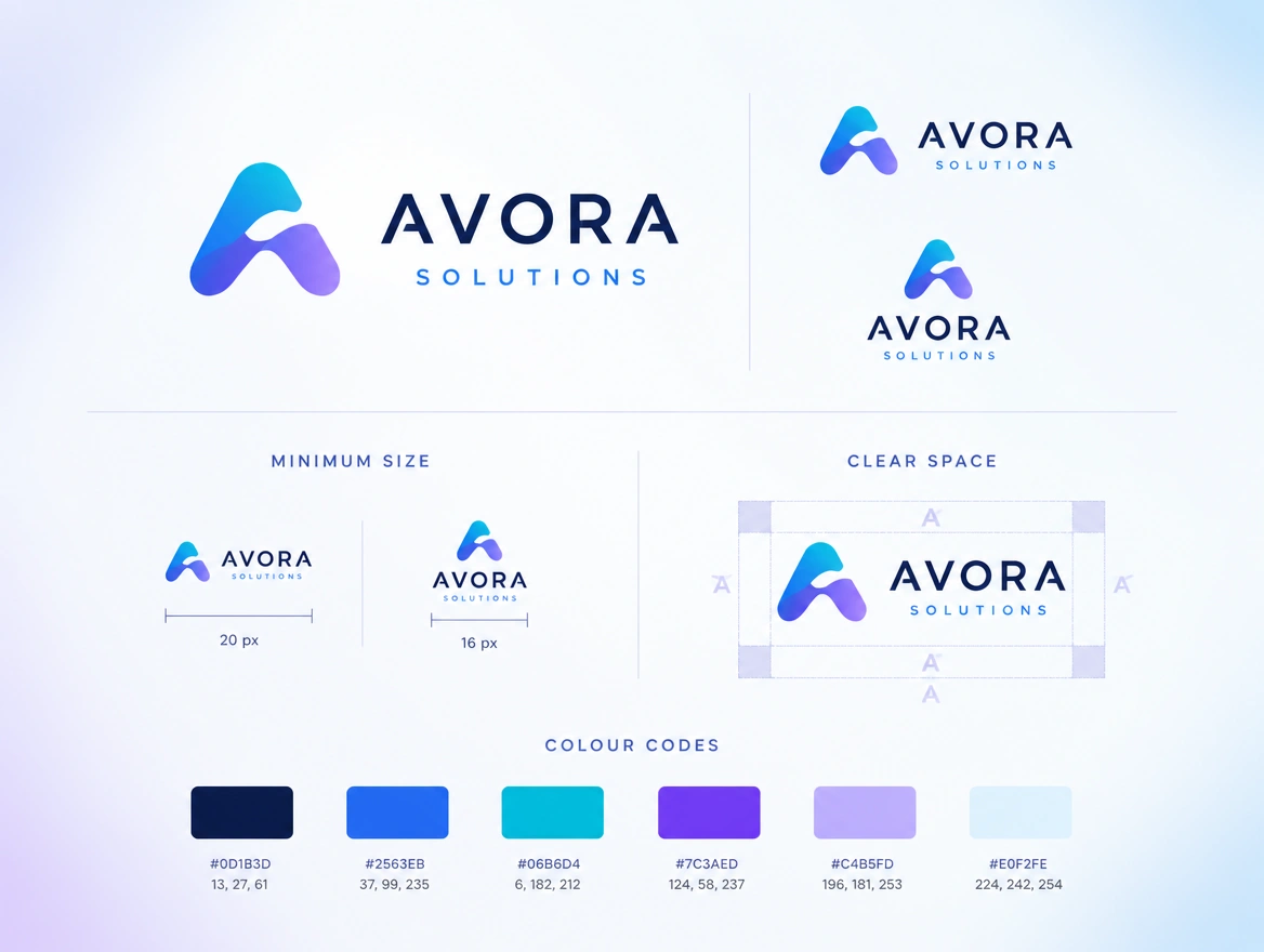 A one-page logo usage sheet showing minimum size, clear space and colour codes