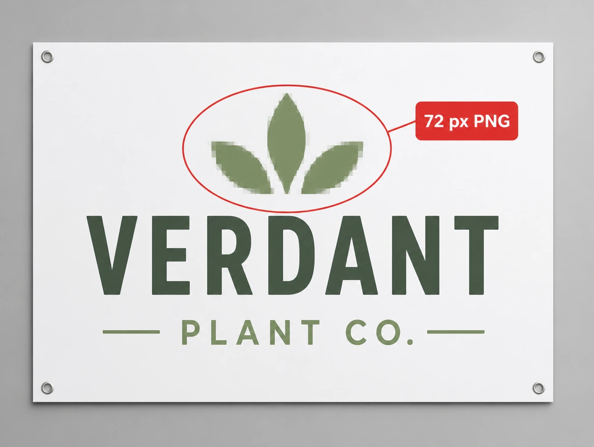 A shop sign print proof where the logo is visibly pixelated, the blur outlined in red with a label reading 72 px PNG