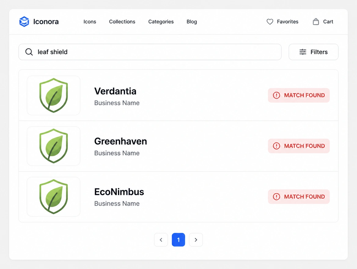 A stock icon marketplace page showing one icon under three different fictional business names, each match flagged in red