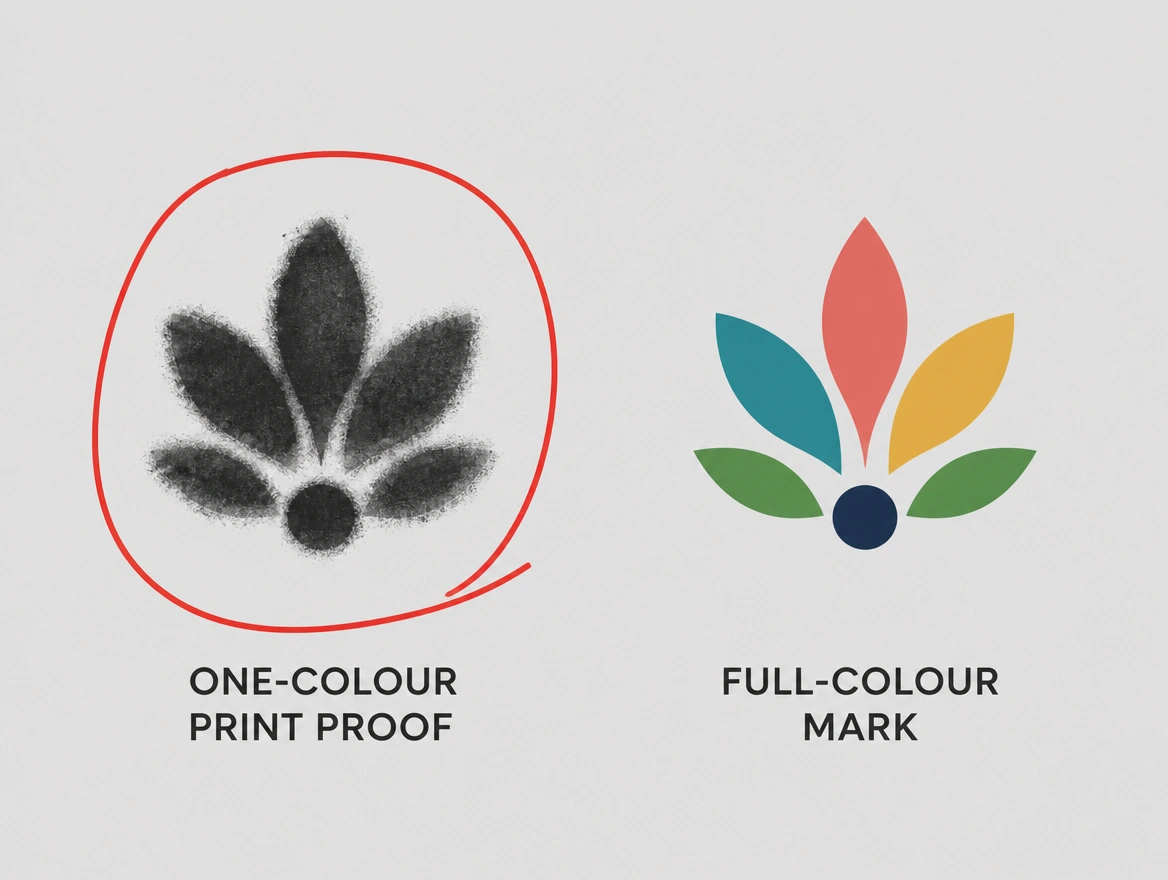 A one-colour print proof where the logo fills in to a smudge beside the clean full-colour logo, the smudge circled in red