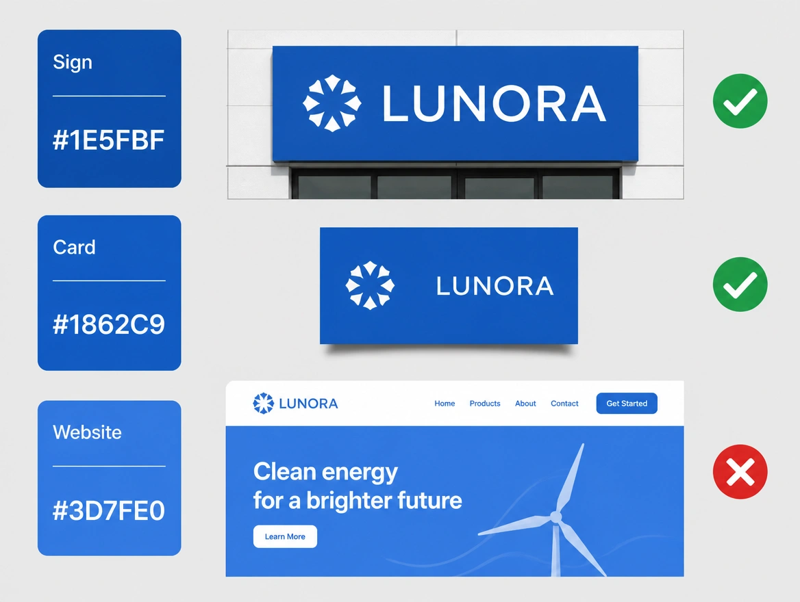 Three blue swatches labelled sign, card and website with three different colour codes, the mismatch marked in red