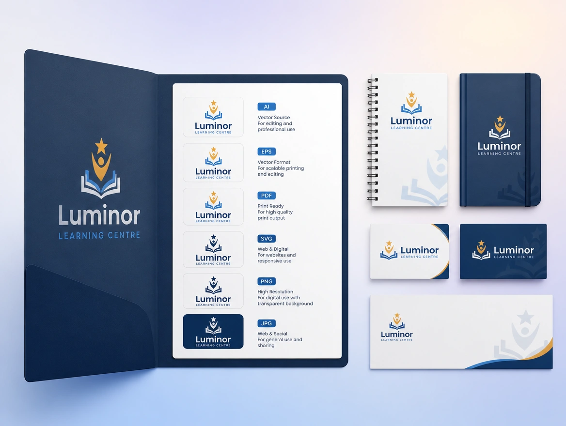 A folder of logo files for a tuition centre named by format and use beside the logo