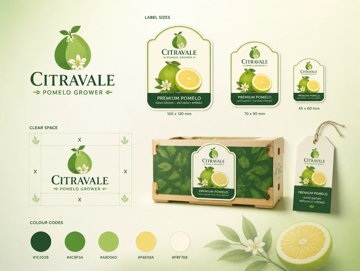 A one-page usage sheet for a pomelo grower showing label sizes, clear space and colour codes