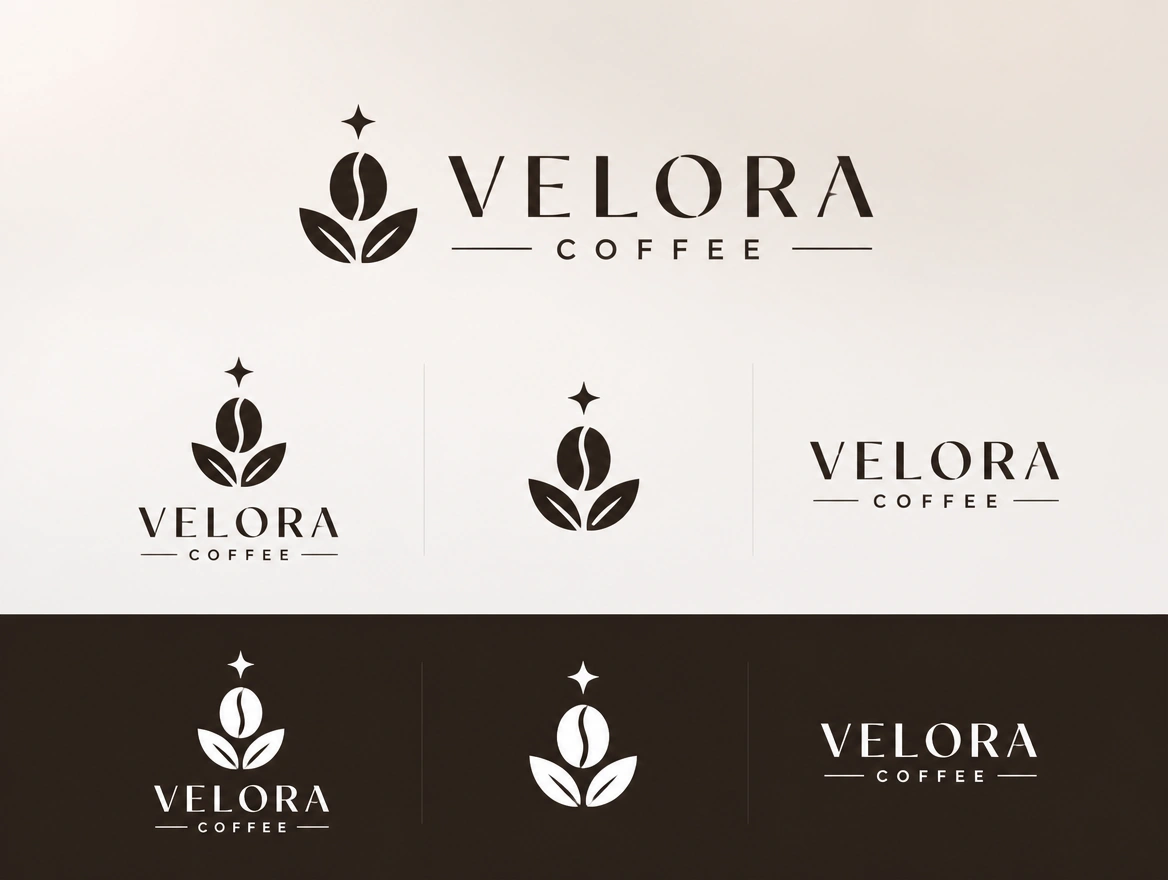 A sheet showing a white coffee brand logo in wide, stacked, icon-only, one-colour and reversed versions