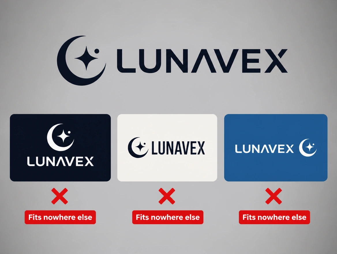 One wide logo shown against three placements it does not fit, each marked with a red cross