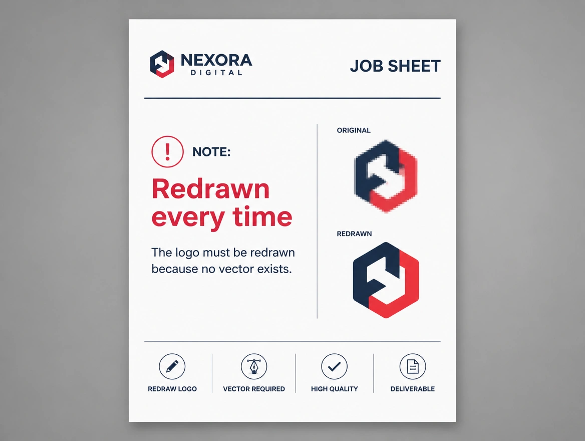 A job sheet noting the logo must be redrawn because no vector exists, marked in red