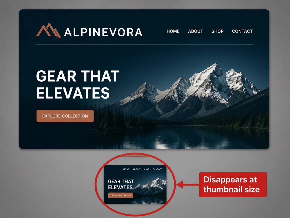One logo legible on a large sign and gone at thumbnail size, the thumbnail ringed in red