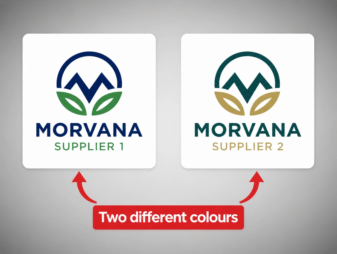 One logo produced by two suppliers in two different colours, arrowed in red