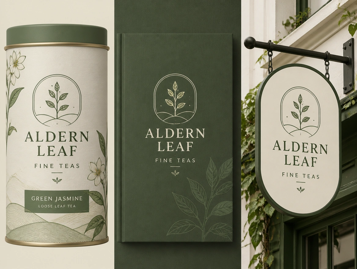 A tea company logo presentation board showing the logo on a label, a proposal cover and a shop sign