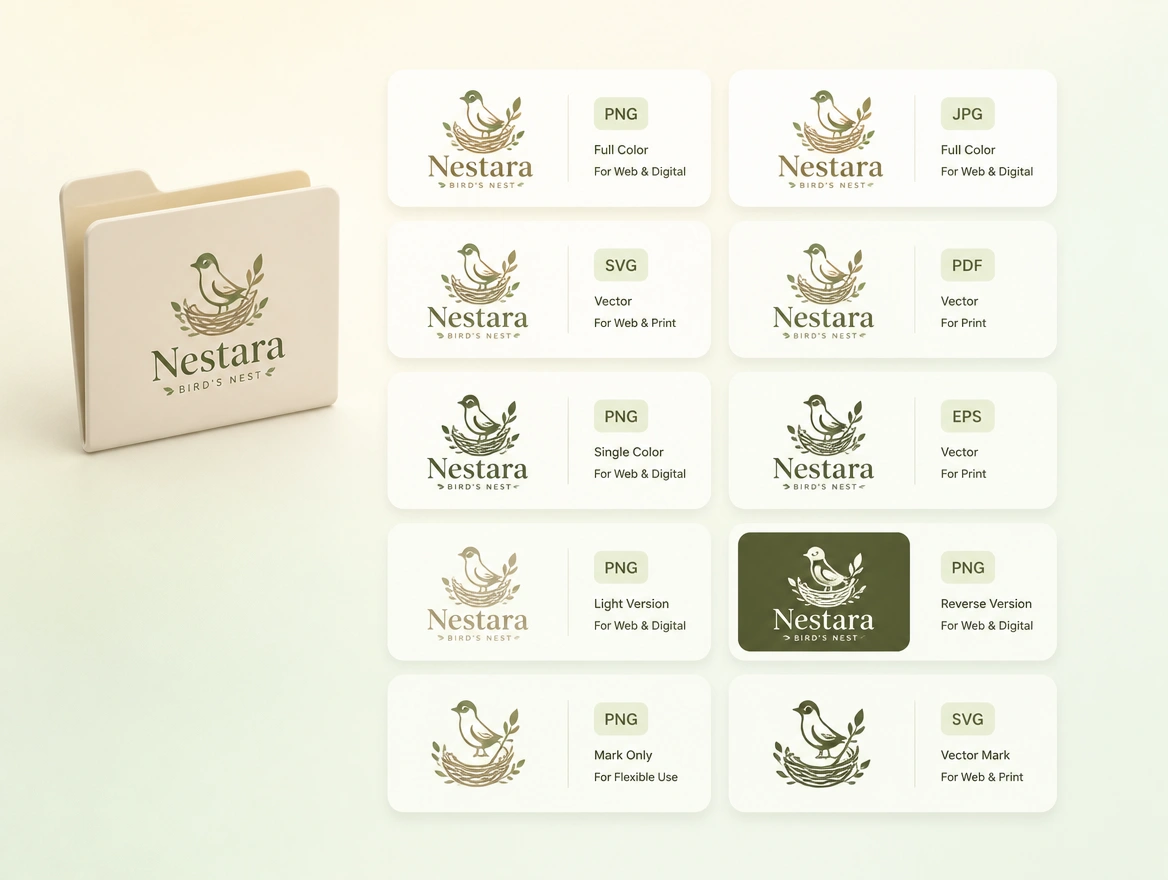 A folder of logo files for a bird's nest brand named by format and use beside the logo