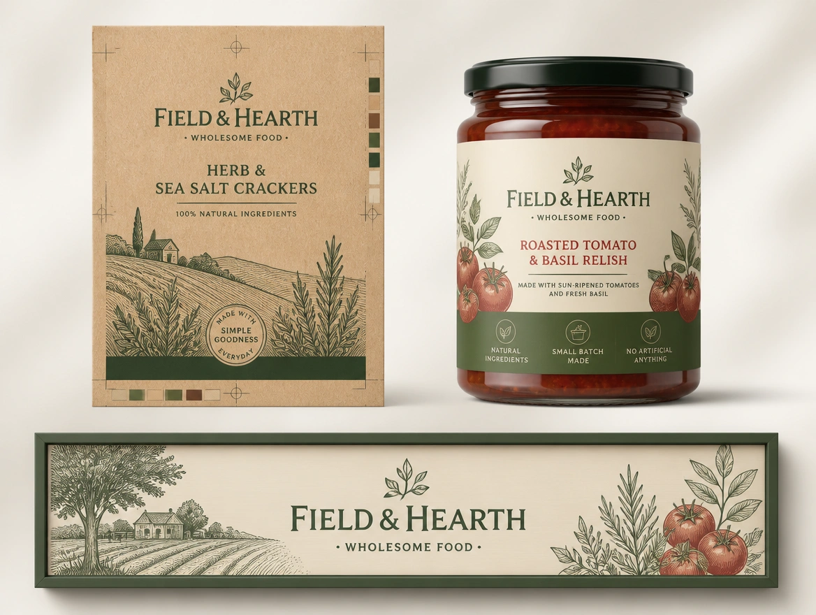 A carton stamp proof, a jar label and a fascia proof for one food producer laid out together