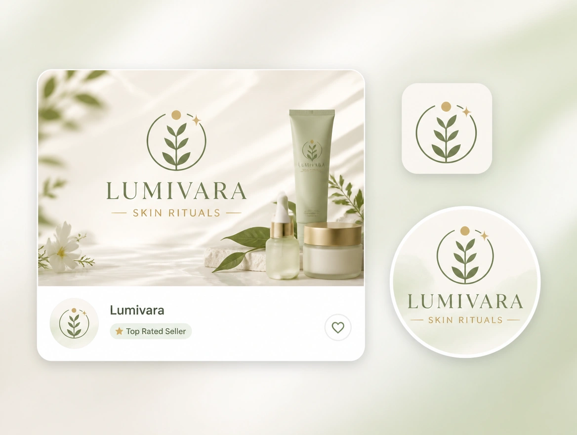 A marketplace listing badge, a favicon and a round profile picture for a skincare brand sharing one logo