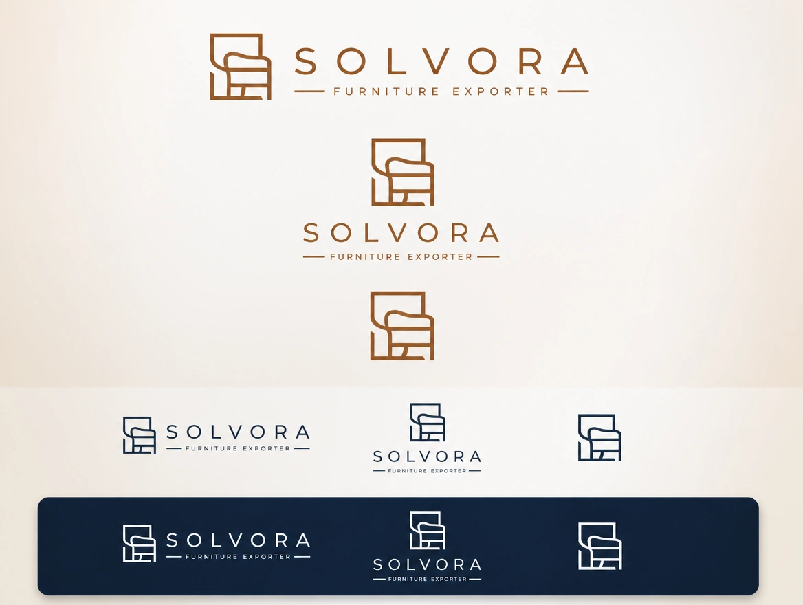 A sheet showing a furniture exporter logo in wide, stacked, icon-only, one-colour and reversed versions