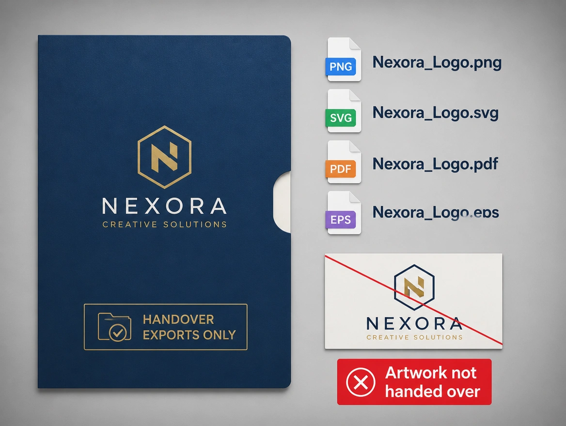 A handover folder holding exports only, the original artwork line struck through in red