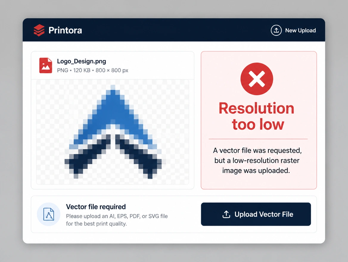 A printer's upload screen showing a low-resolution file where a vector was asked for, flagged in red