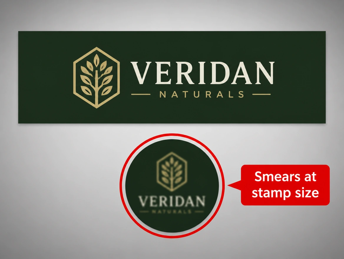 One logo clear on a banner and smeared at stamp size, the stamp ringed in red