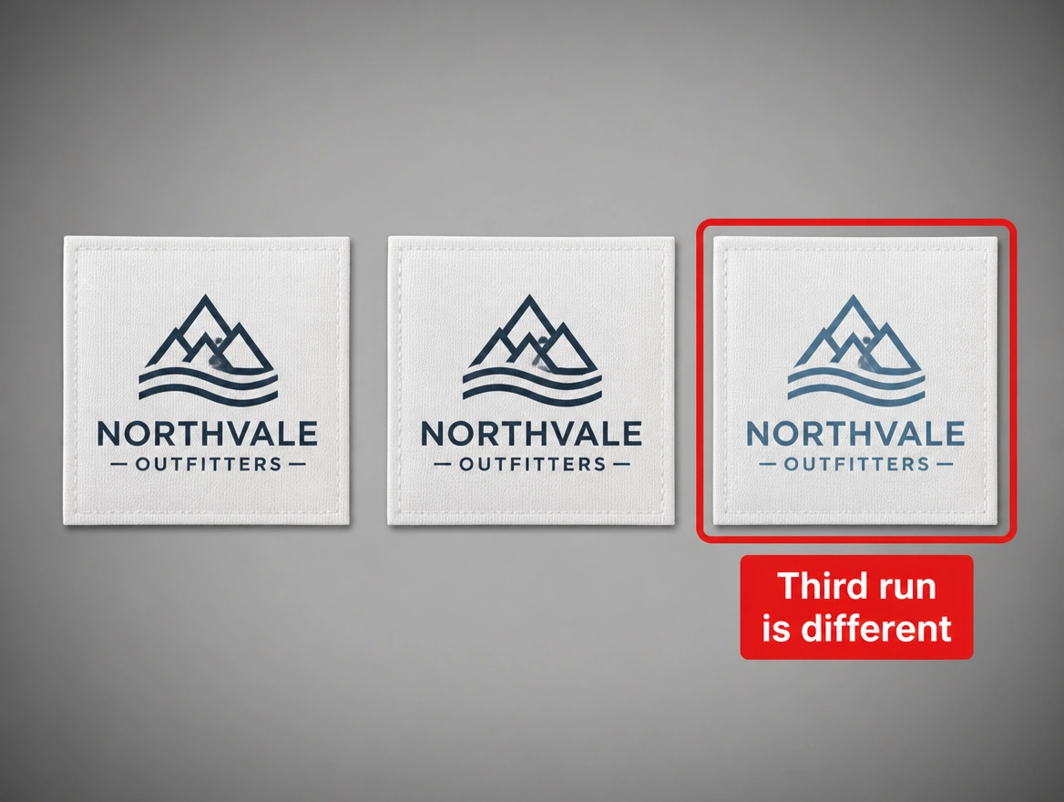 Three print runs of one logo where the third came back a different shade, ringed in red