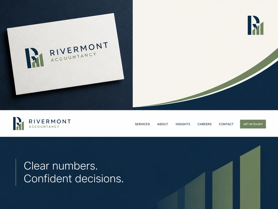 An accountancy firm logo presentation board showing the logo on a card, a slide corner and a website header