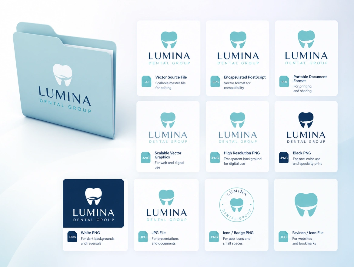 A folder of logo files for a dental group named by format and use beside the logo
