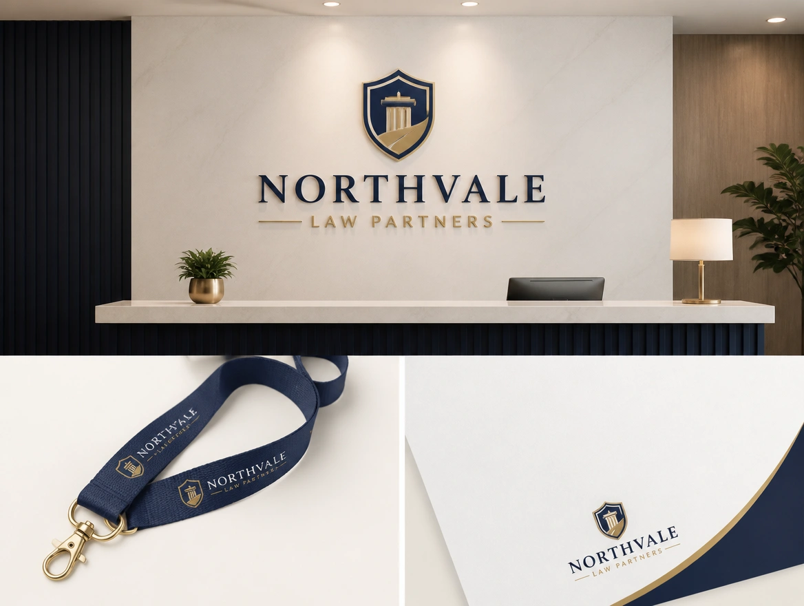 A law firm logo mounted on a reception wall, printed on a lanyard and set in a slide corner