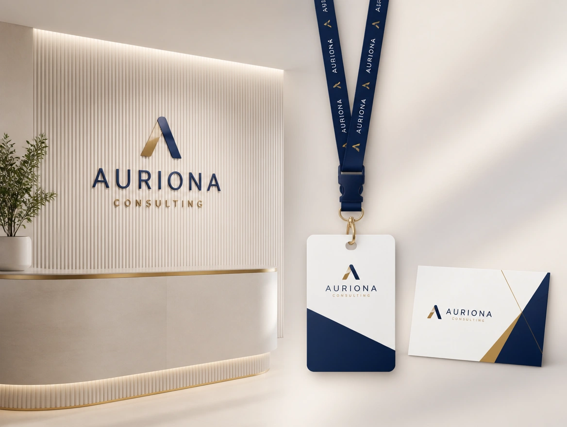 A reception wall proof, a lanyard and a name card for one consultancy laid out together