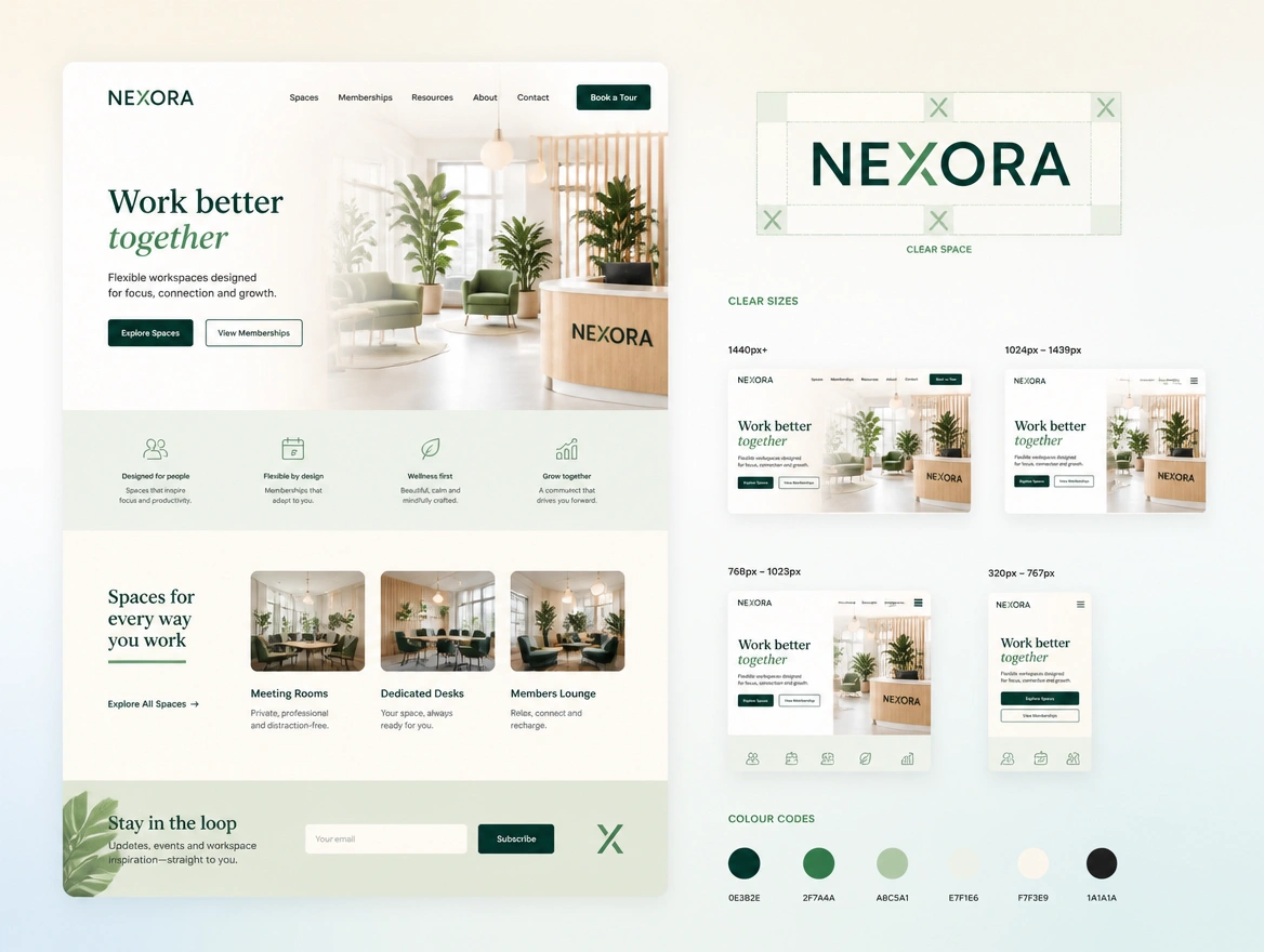 A one-page usage sheet for a co-working brand showing lobby sizes, clear space and colour codes