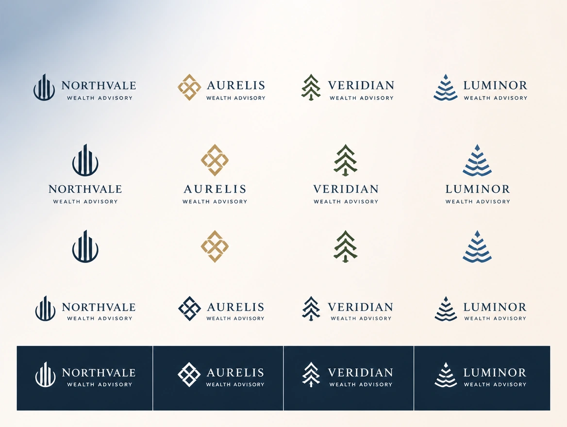 A sheet showing a wealth advisory logo in wide, stacked, icon-only, one-colour and reversed versions
