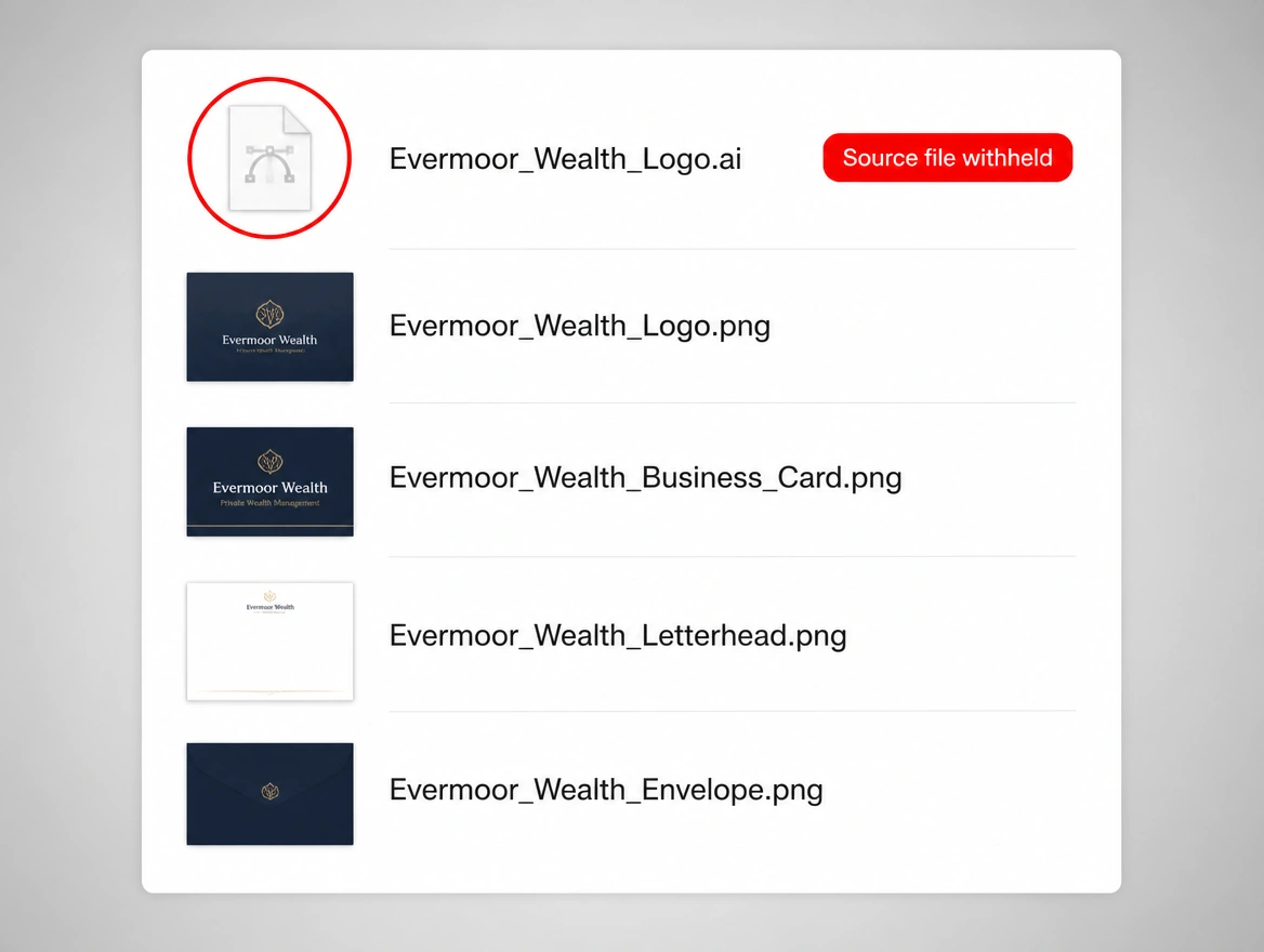 A file list showing only exports while the editable original is marked missing, ringed in red