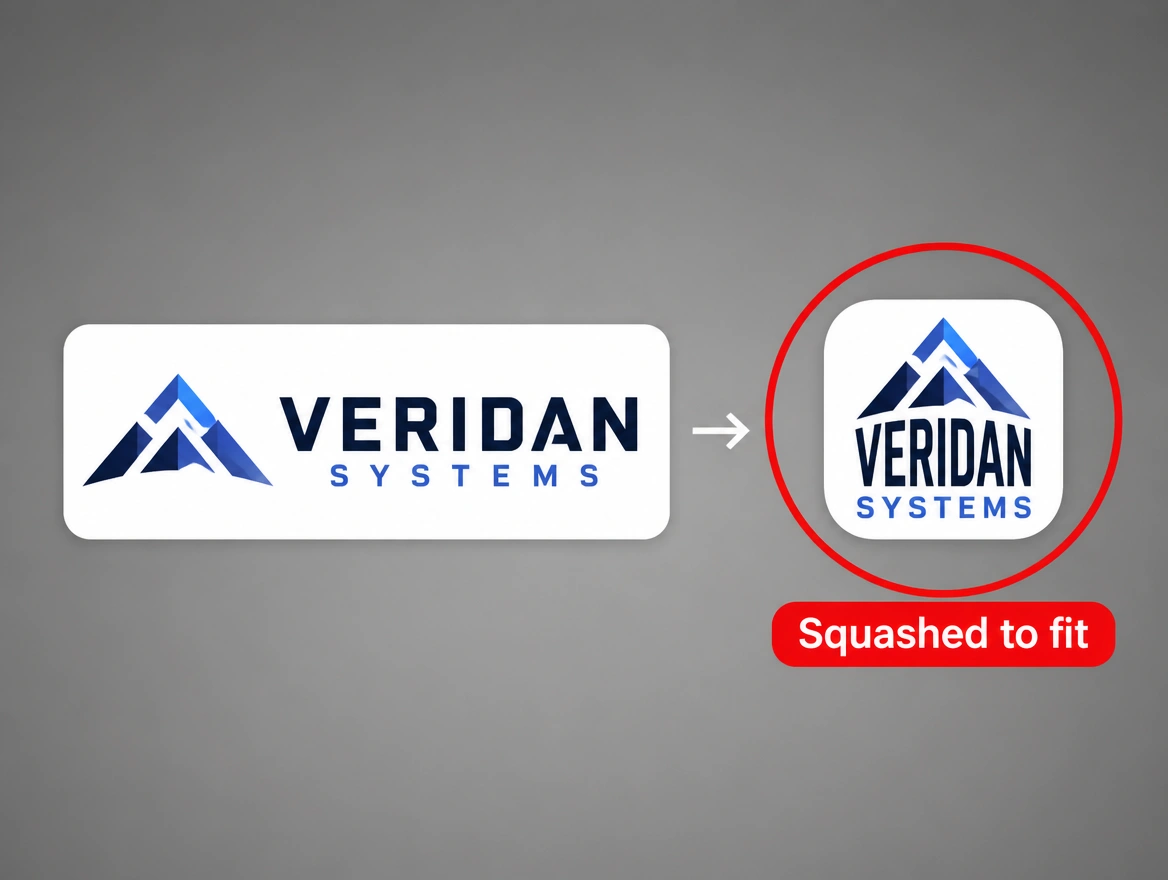 A wide logo forced into a square app tile so the type is compressed, ringed in red