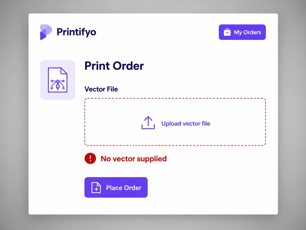 A print order screen where the vector field is empty and flagged, No vector supplied in red