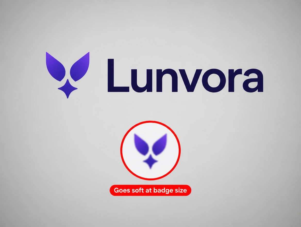 One logo readable large and soft at badge size, the badge ringed in red
