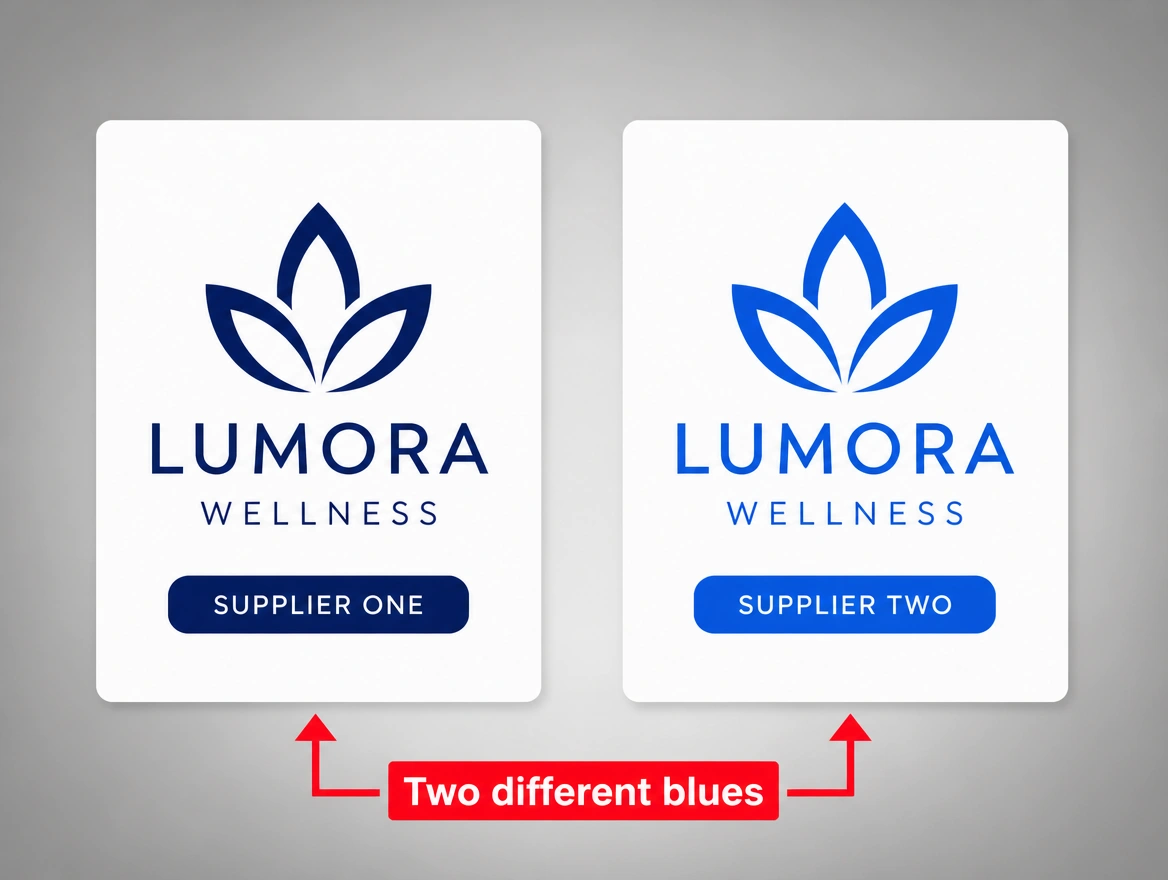 One logo returned by two suppliers in two different blues, arrowed in red