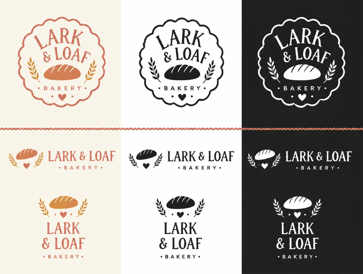 A bakery logo presentation board showing the logo in colour, black and reversed white beside its variants