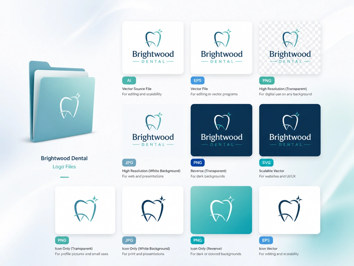 A folder of logo files named by format and use, shown beside the logo