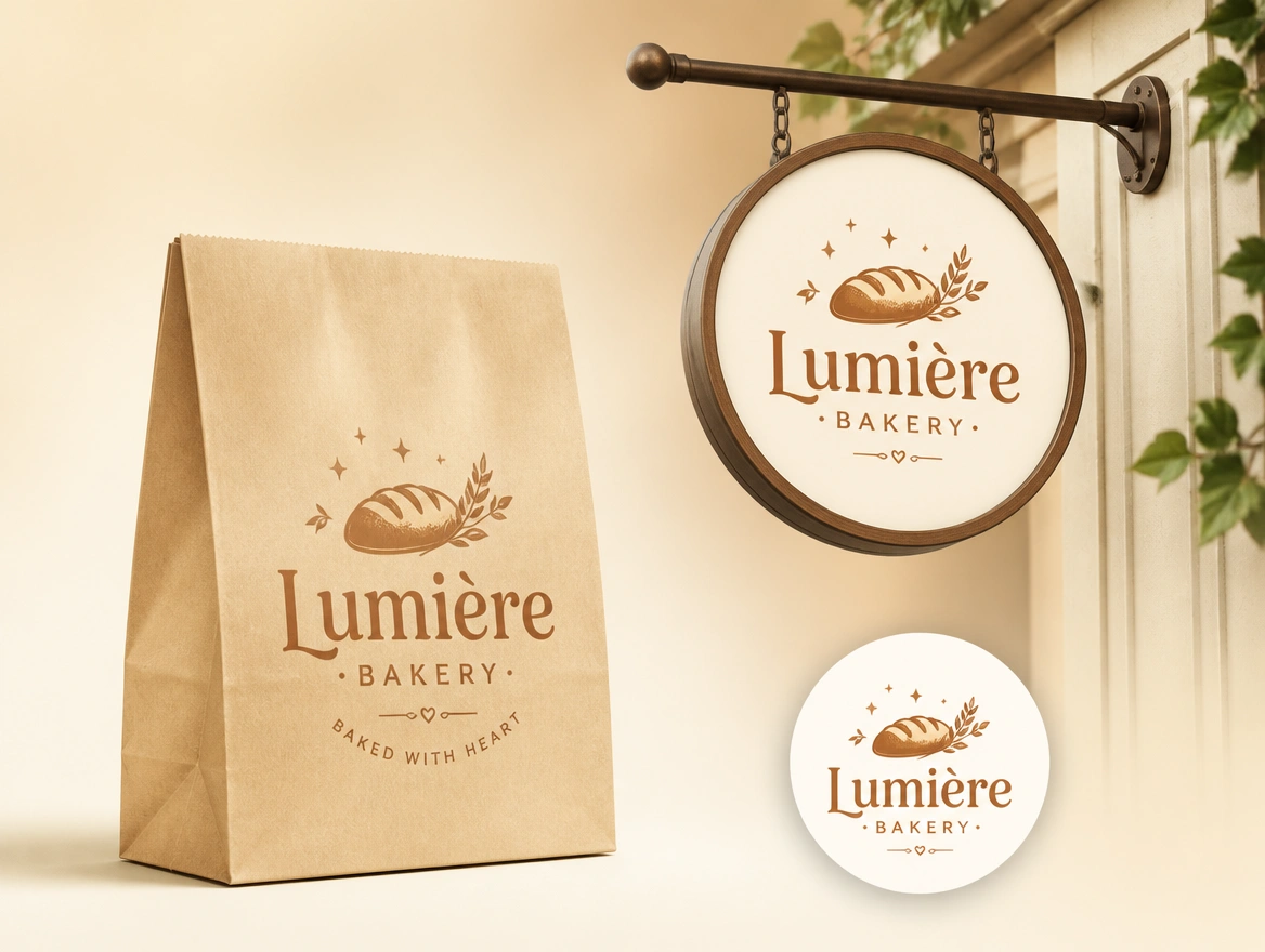A bakery logo presented on a paper bag, a shop sign and a round phone profile picture