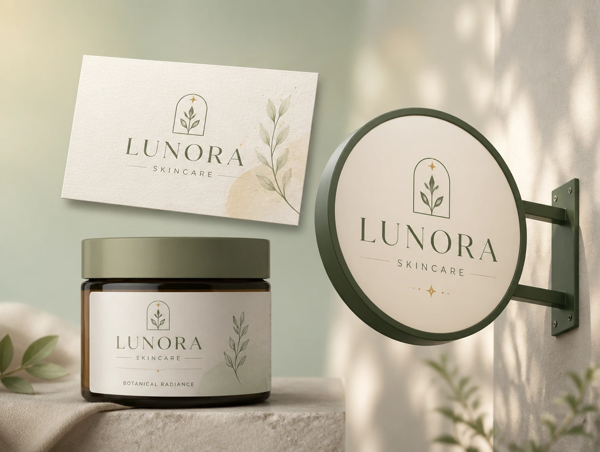 A name card, a jar label and a shop sign proof for one skincare brand laid out together