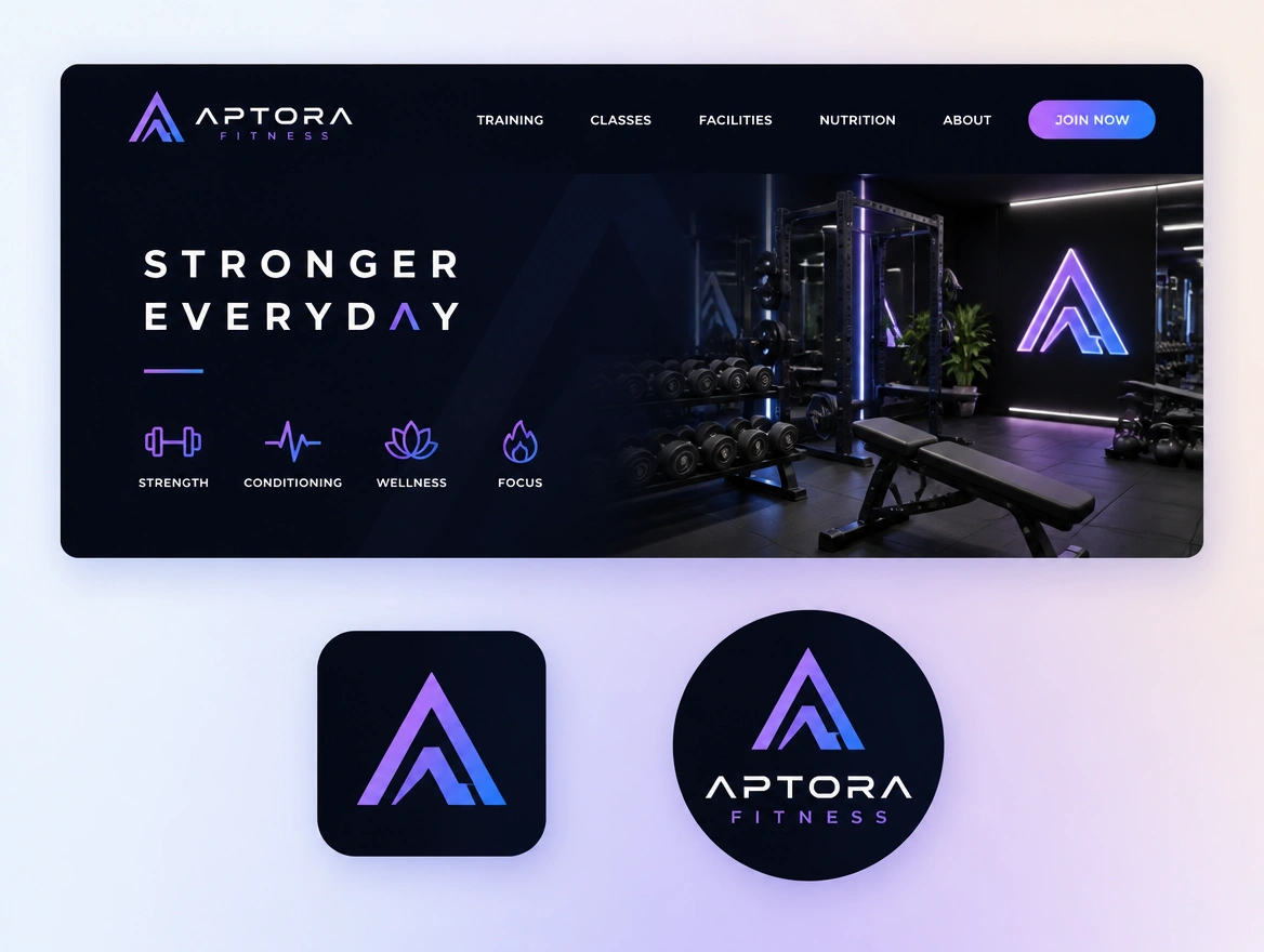 A website header, a favicon and a round profile picture for a gym sharing one logo