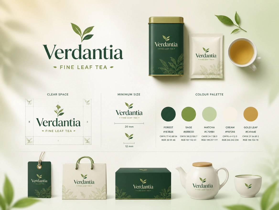 A one-page usage sheet for a tea brand showing clear space, minimum size and colour codes