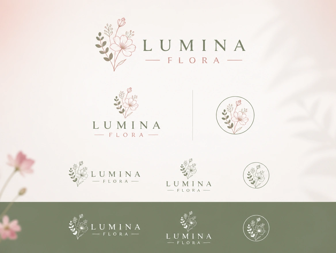 A sheet showing a florist logo in wide, stacked, icon-only, one-colour and reversed white versions