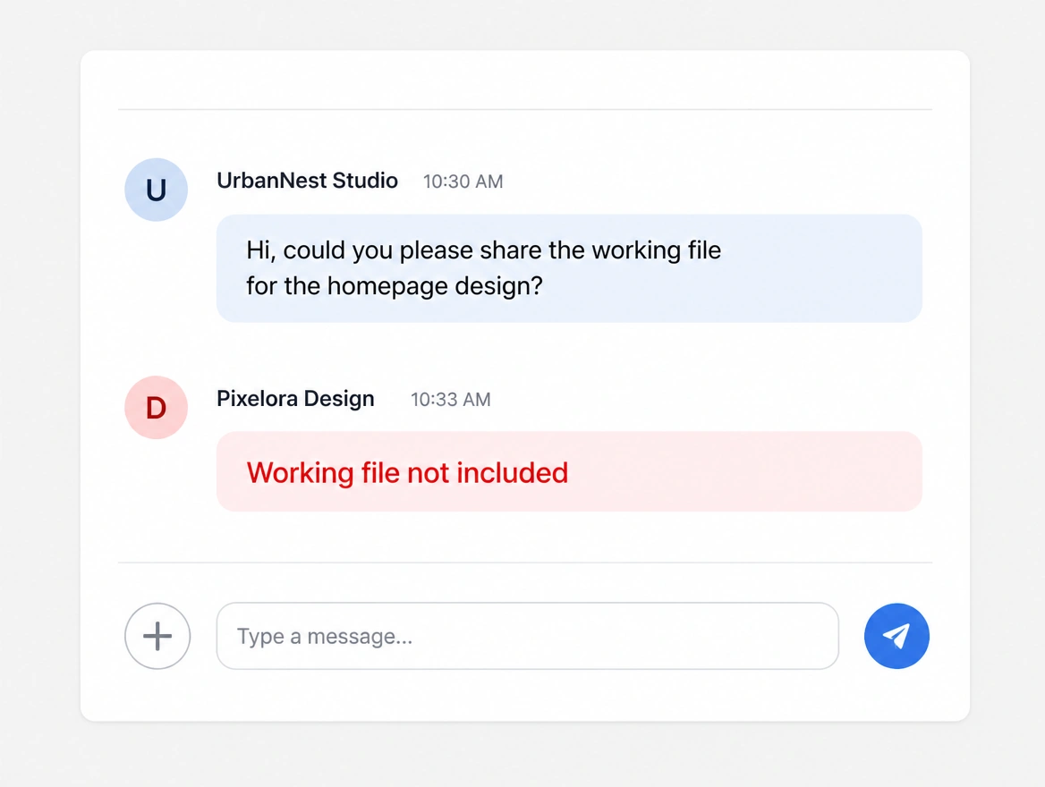A file request chat where the designer's last reply reads Working file not included, the reply printed in red