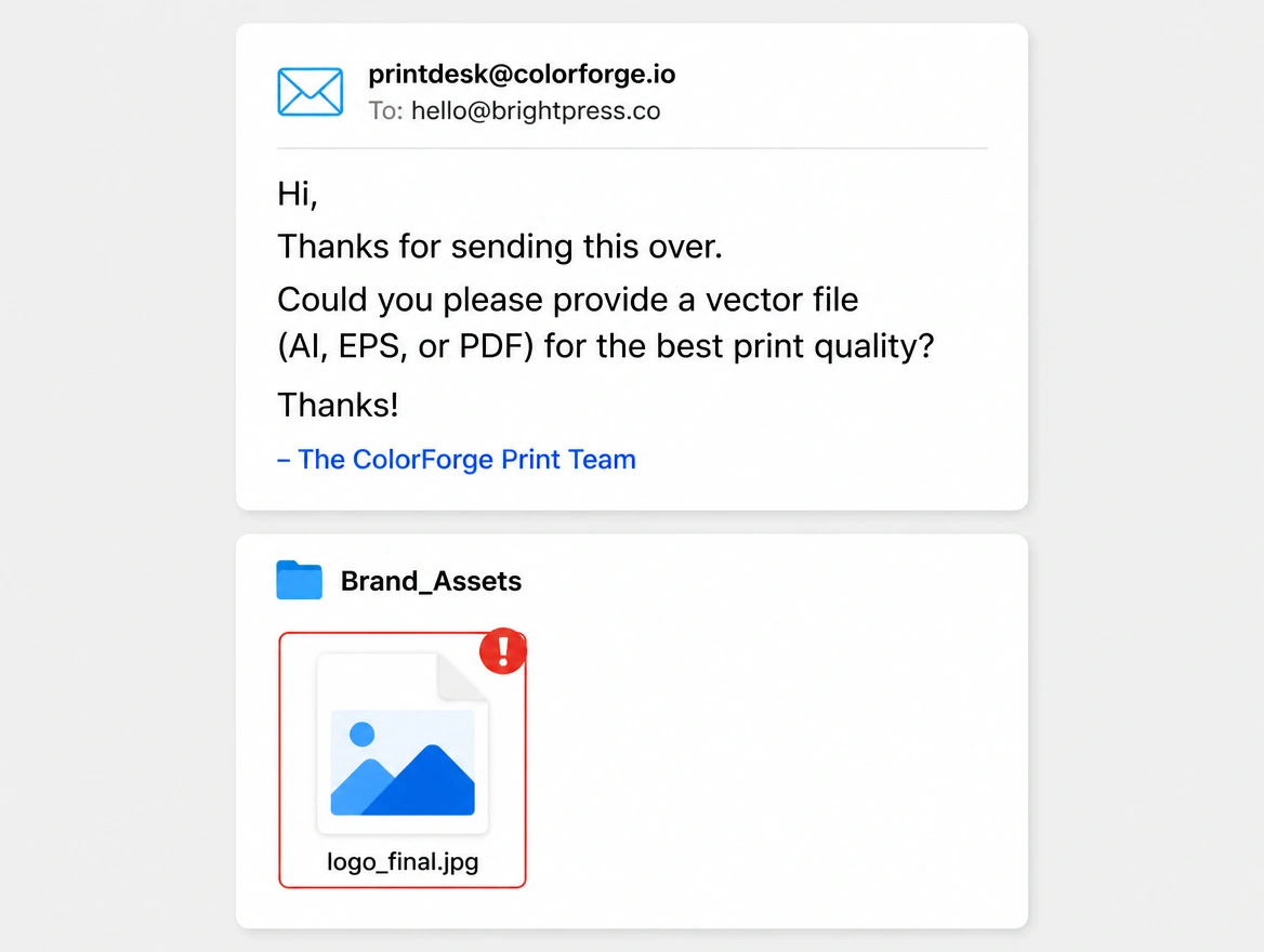 A printer's email asking for a vector file above a folder holding a single JPEG, the JPEG flagged in red
