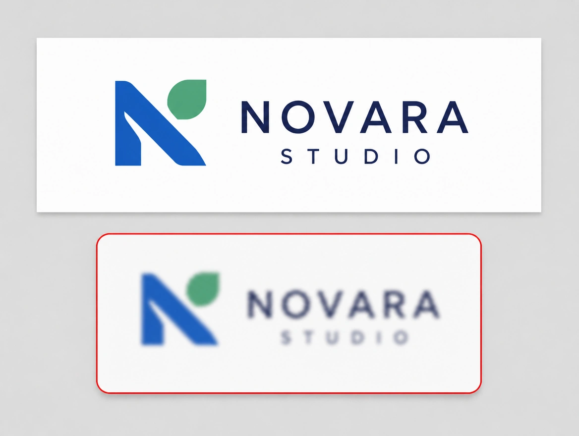 A logo crisp on a banner proof beside its blurred name card version, the blur outlined in red