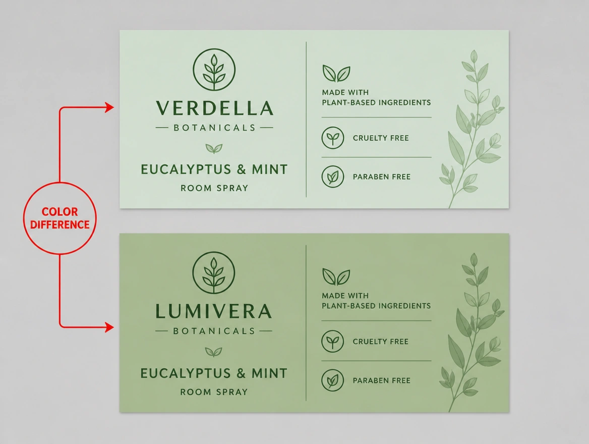 Two printed labels from two suppliers in two different greens, the difference marked in red