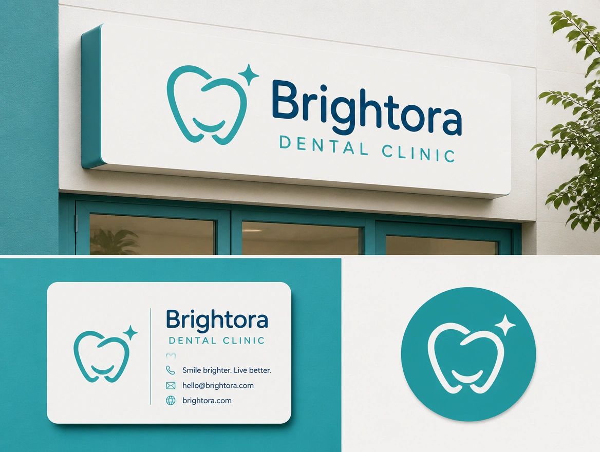 A dental clinic logo presentation board showing the logo on a sign, a card and a round profile picture