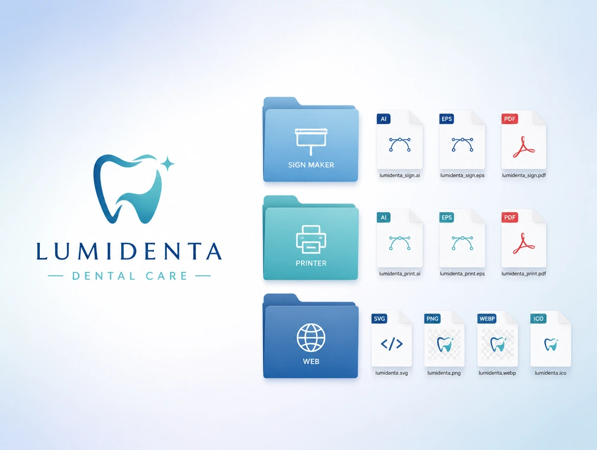 A folder of logo files sorted by sign maker, printer and web, shown beside the logo
