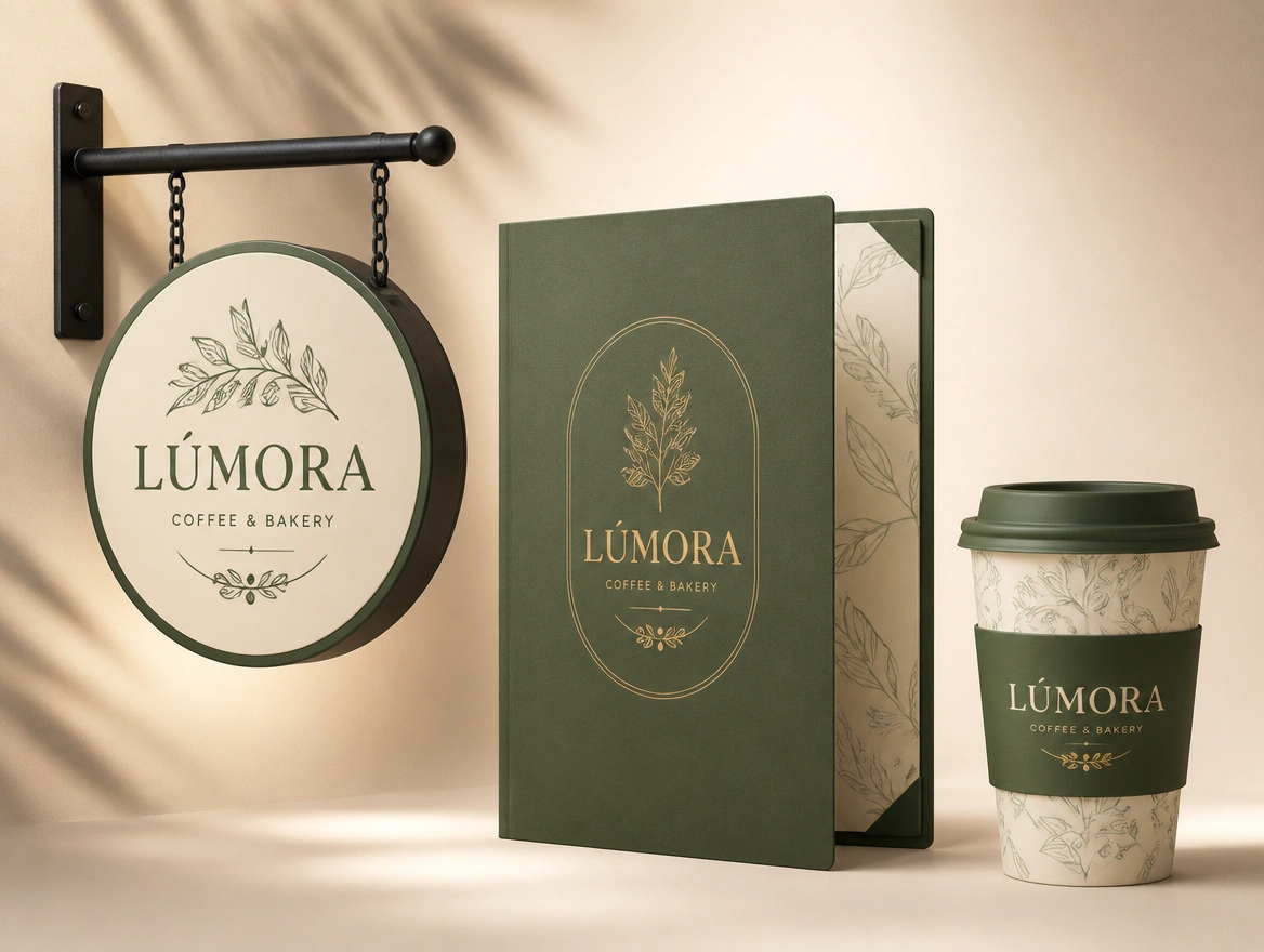 A hanging sign proof, a menu cover and a takeaway cup for one cafe laid out together