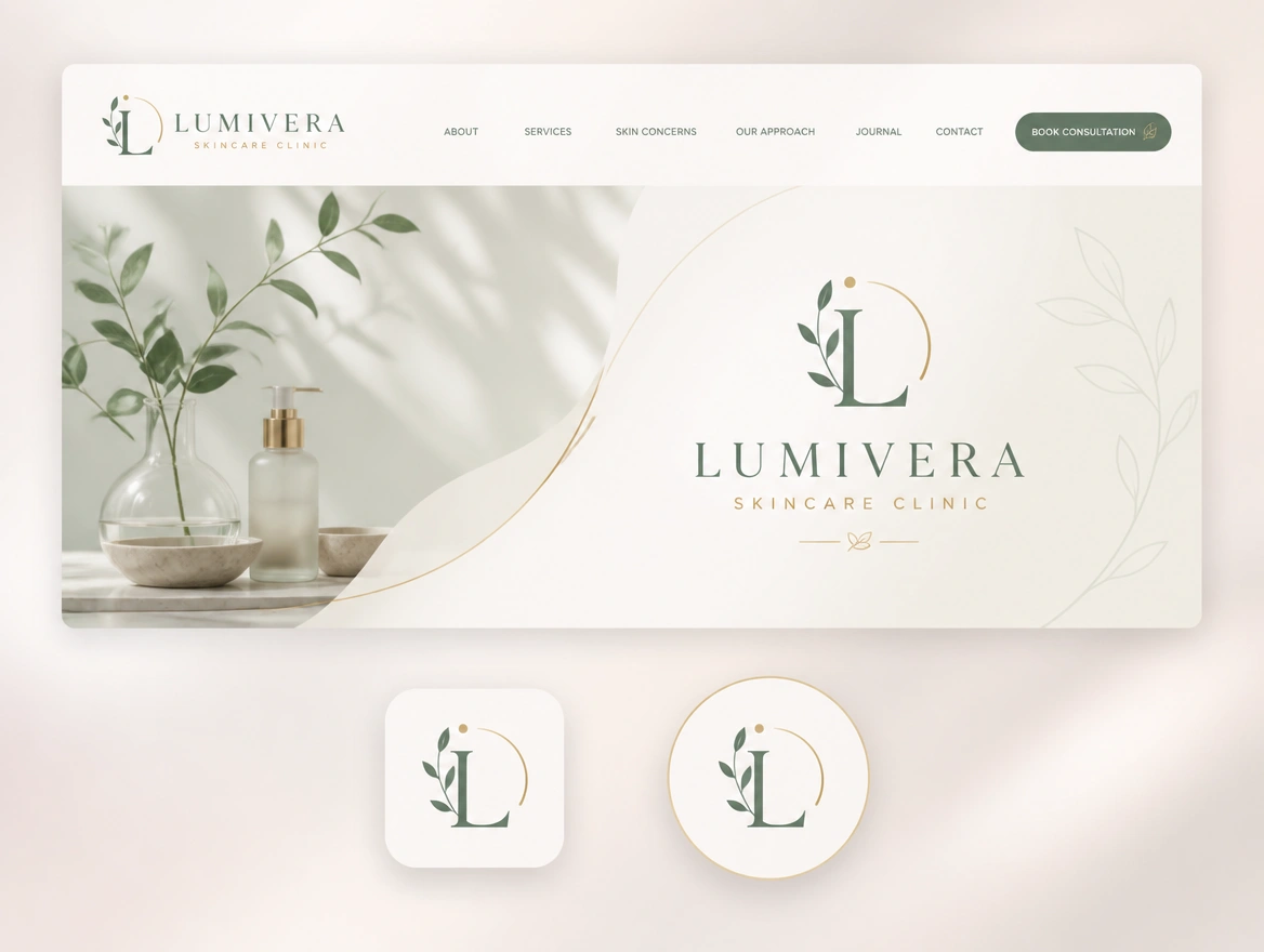 A website header, a favicon and a round profile picture for a skincare clinic sharing one logo