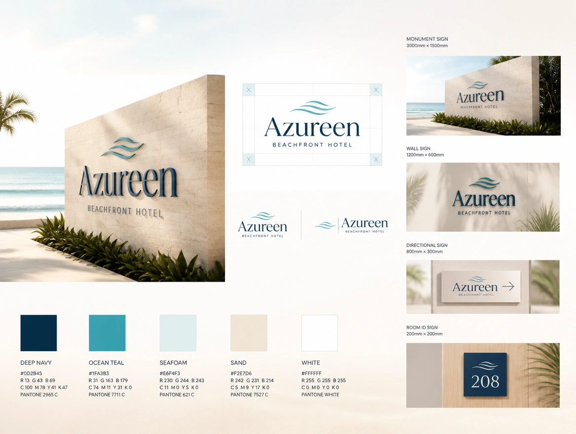 A one-page usage sheet for a beachfront hotel showing sign sizes, clear space and colour codes